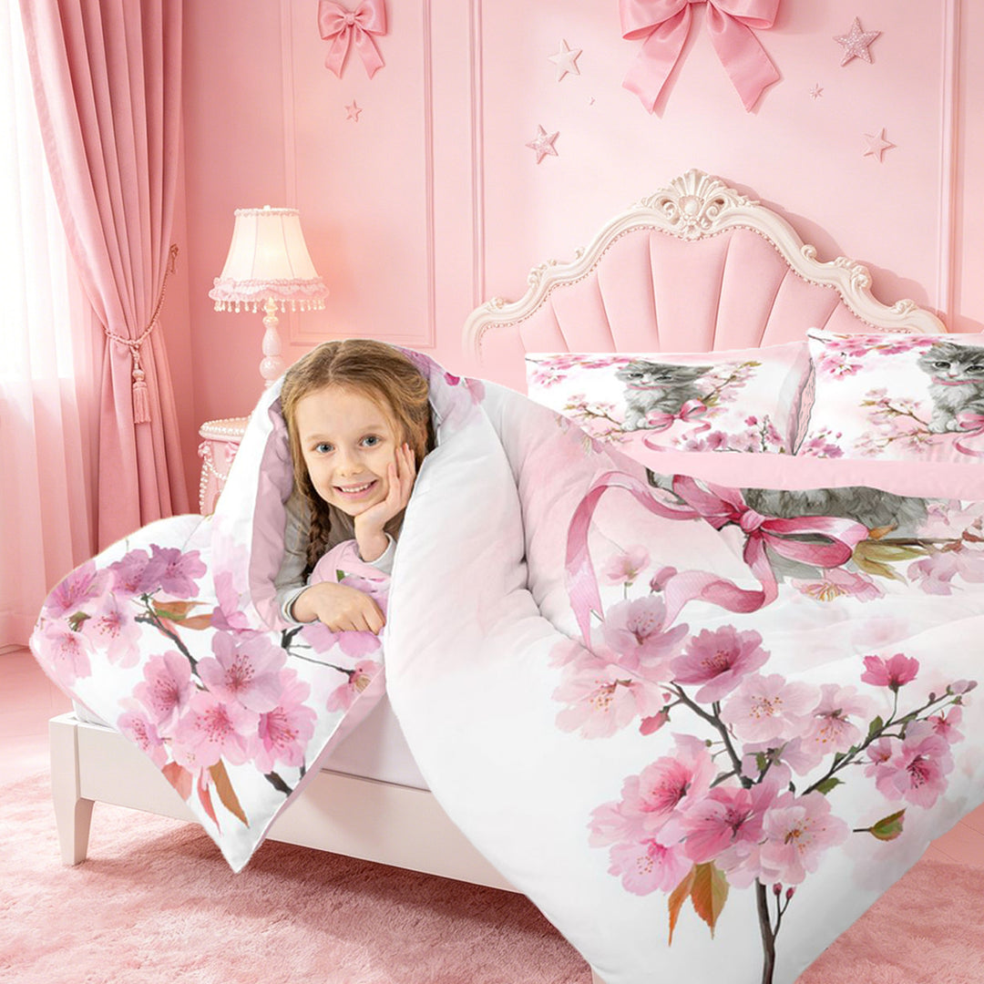meiyoeat Cherry Blossom Kitten Theme 7 Pieces Full Size Bedding Sets,Gray Cute Cat Print Full Size Bed in a Bag For Girl,Reversible