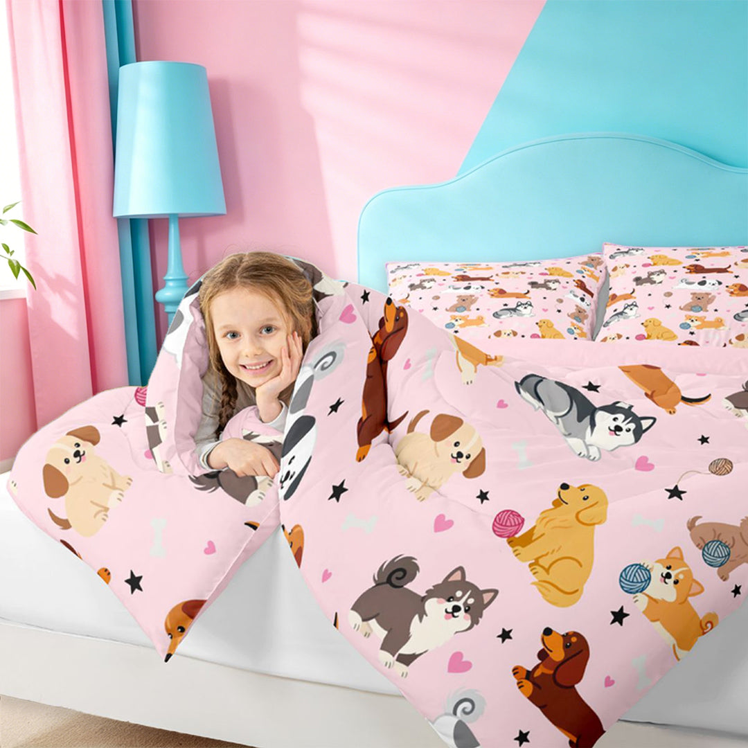 meiyoeat Cute Pet Dogs 7 Pieces Full Size Bedding Sets For Girls,Kawaii Animals Full Size Bed in a Bag For Kids,Pink Reversible