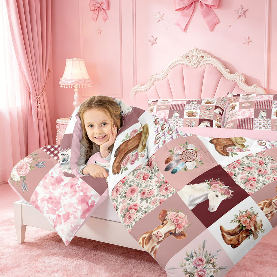 meiyoeat Farm Animal Horse Cow 7 Pieces Full Size Bedding Sets,Romantic Pink Flowers Full Size Bed in a Bag For Girl,Reversible