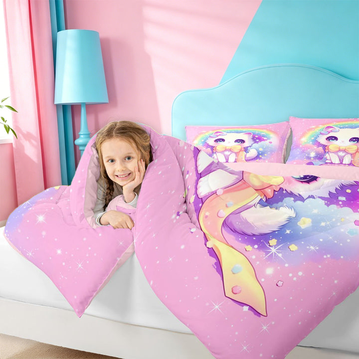 meiyoeat 3D Kawaii Cat 7 Pieces Full Size Bedding Sets For Girls,Rainbow Sparkling Print Full Size Bed in a Bag For Kids,Pink Reversible