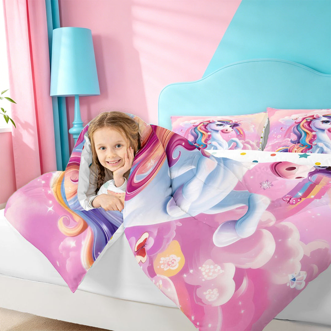 meiyoeat Colorful Magical Unicorn Full Size Comforter Sets For Kids,Cute Animals Bedding Comforter Set For Girls,Colorful Stars Reversible,3-Piece