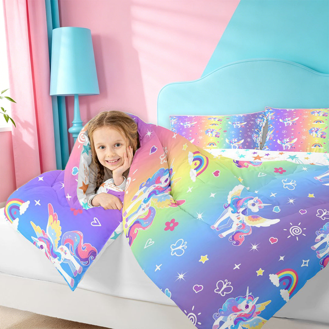 meiyoeat Colorful Kawaii Unicorn 7 Pieces Full Size Bedding Sets For Girls,Dreamy Rainbow Gradient Stripes Full Size Bed in a Bag For Kids,Colorful Stars Reversible