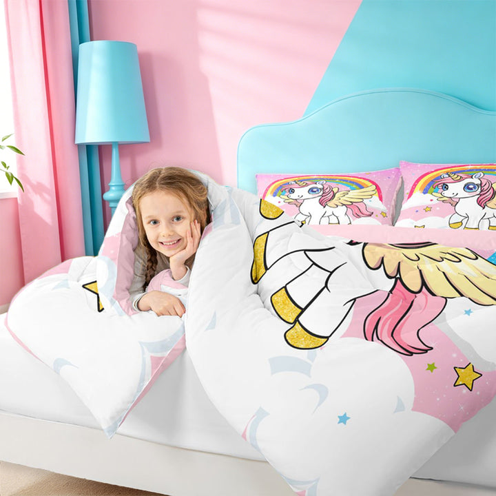 meiyoeat Cartoon Unicorn Pattern 7 Pieces Full Size Bedding Sets For Girls,Cute Sequin Print Rainbow Stars Full Size Bed in a Bag For Kids,Pink Reversible