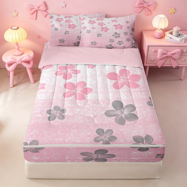 meiyoeat pink Kawaii Floral Zipper Full Size Comforter Sets with Fitted Sheet and 2 Pillowcases,Gray Cute Flowers Zipper Bedding Set,Reversible,4-Piece