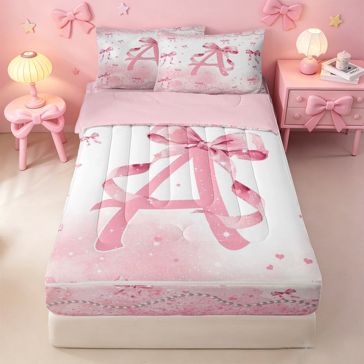 meiyoeat Pink Bow Monogram A Zipper Full Size Comforter Sets with Fitted Sheet and 2 Pillowcases,Cute Ribbon Bowknot Zipper Bedding Set For Girl,Pink Reversible,4 Pieces