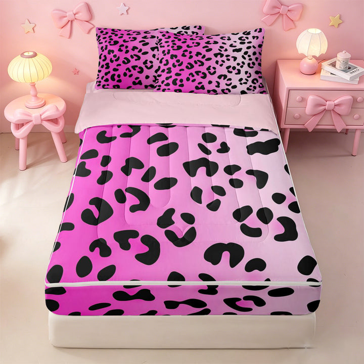 meiyoeat Pink Cheetah Print Zipper Full Size Comforter Sets with Fitted Sheet and 2 Pillowcases,Girly Animal Leopard Pattern Zipper Bedding Set For Girl,Reversible,4 Pieces