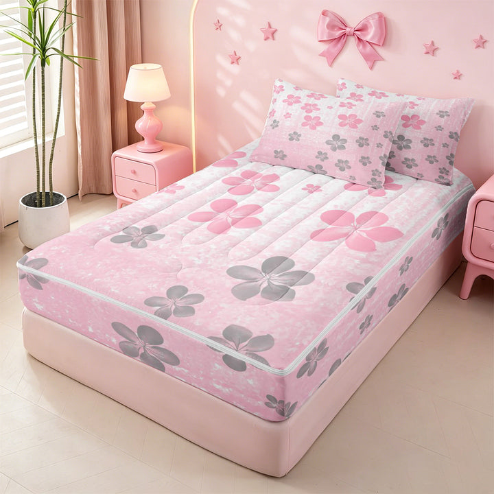 meiyoeat pink Kawaii Floral Zipper Full Size Comforter Sets with Fitted Sheet and 2 Pillowcases,Gray Cute Flowers Zipper Bedding Set,Reversible,4-Piece