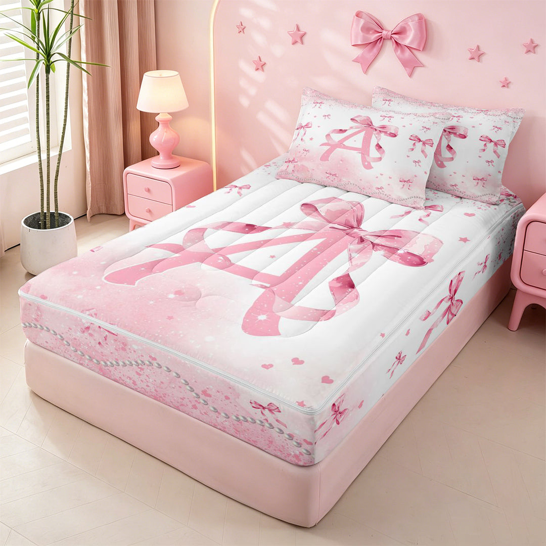 meiyoeat Pink Bow Monogram A Zipper Full Size Comforter Sets with Fitted Sheet and 2 Pillowcases,Cute Ribbon Bowknot Zipper Bedding Set For Girl,Pink Reversible,4 Pieces