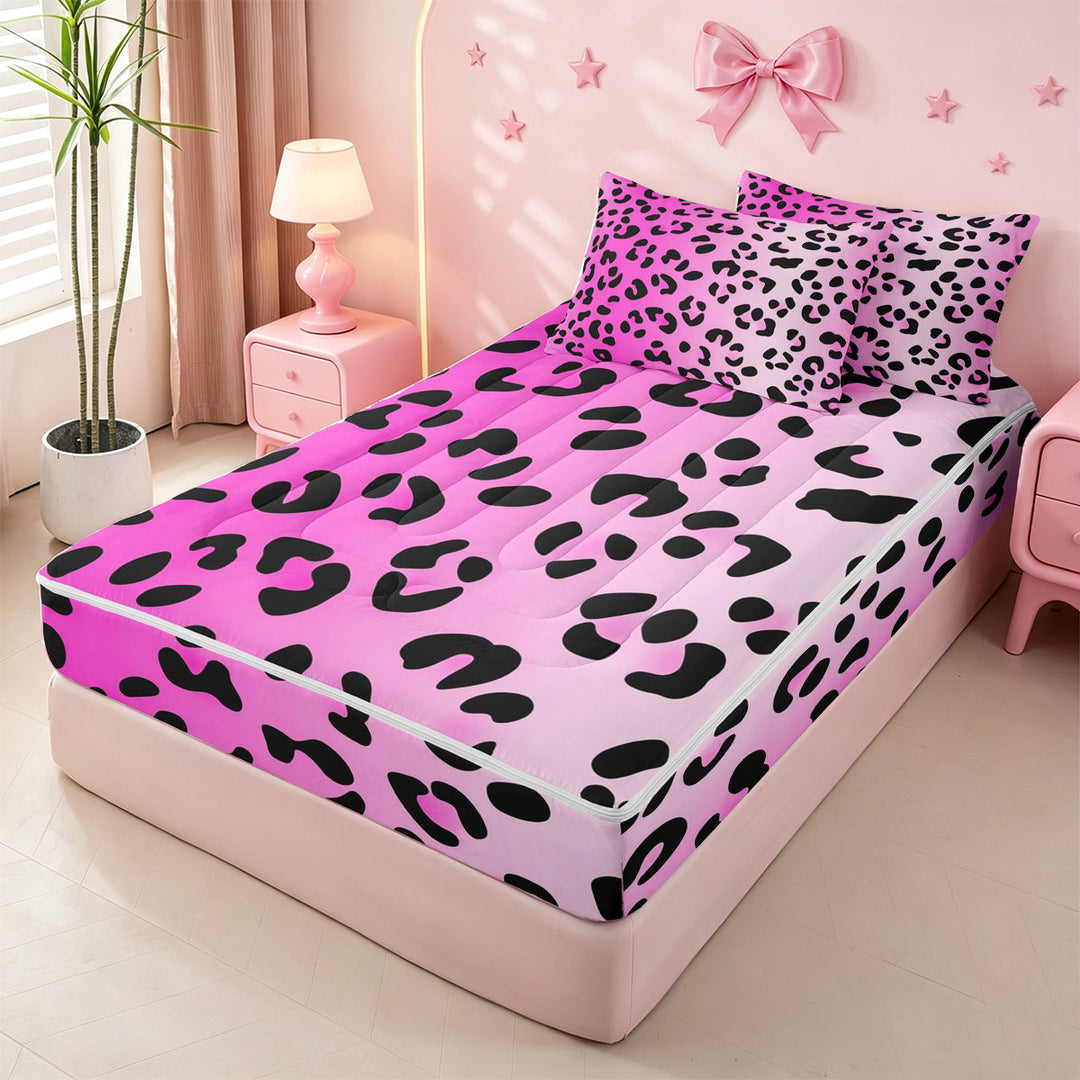 meiyoeat Pink Cheetah Print Zipper Full Size Comforter Sets with Fitted Sheet and 2 Pillowcases,Girly Animal Leopard Pattern Zipper Bedding Set For Girl,Reversible,4 Pieces