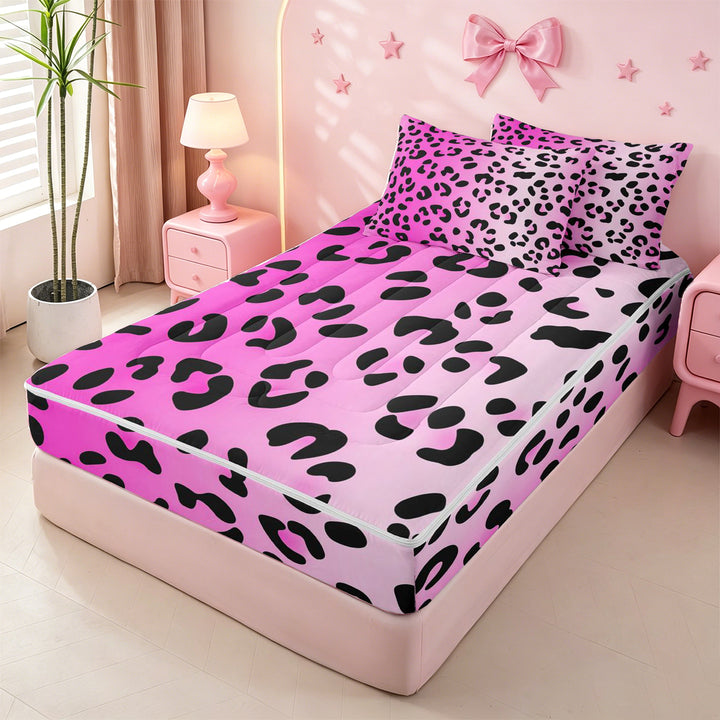 meiyoeat Pink Cheetah Print Zipper Full Size Comforter Sets with Fitted Sheet and 2 Pillowcases,Girly Animal Leopard Pattern Zipper Bedding Set For Girl,Reversible,4 Pieces