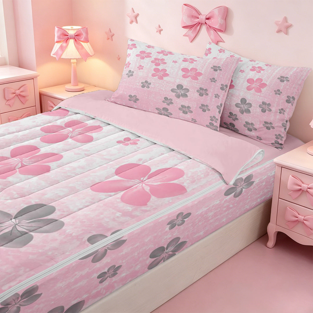 meiyoeat pink Kawaii Floral Zipper Full Size Comforter Sets with Fitted Sheet and 2 Pillowcases,Gray Cute Flowers Zipper Bedding Set,Reversible,4-Piece