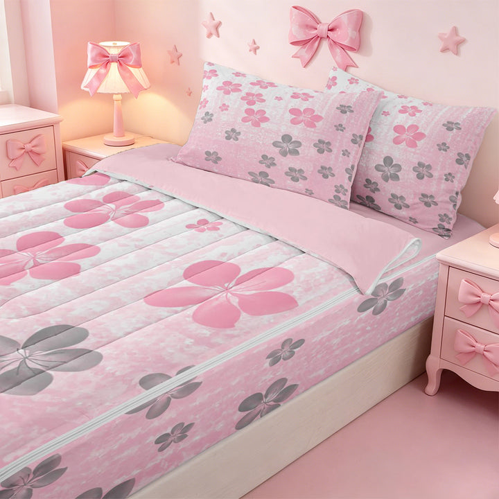meiyoeat pink Kawaii Floral Zipper Full Size Comforter Sets with Fitted Sheet and 2 Pillowcases,Gray Cute Flowers Zipper Bedding Set,Reversible,4-Piece