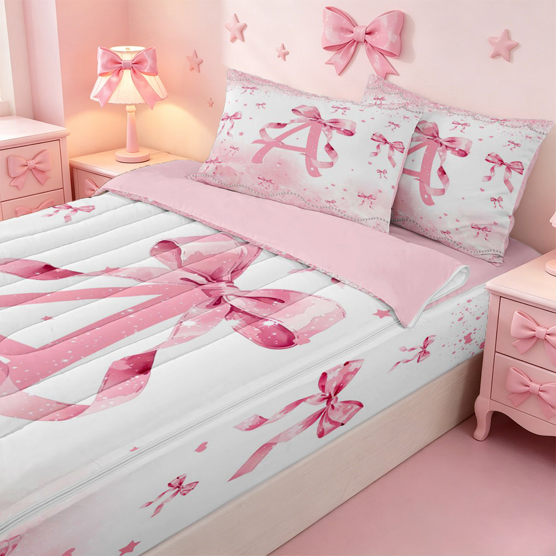 meiyoeat Pink Bow Monogram A Zipper Full Size Comforter Sets with Fitted Sheet and 2 Pillowcases,Cute Ribbon Bowknot Zipper Bedding Set For Girl,Pink Reversible,4 Pieces
