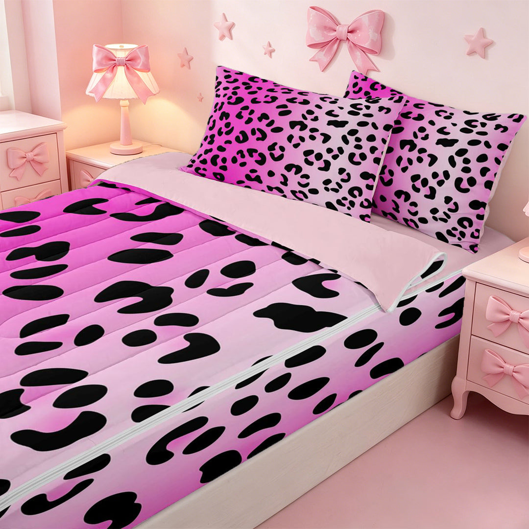 meiyoeat Pink Cheetah Print Zipper Full Size Comforter Sets with Fitted Sheet and 2 Pillowcases,Girly Animal Leopard Pattern Zipper Bedding Set For Girl,Reversible,4 Pieces