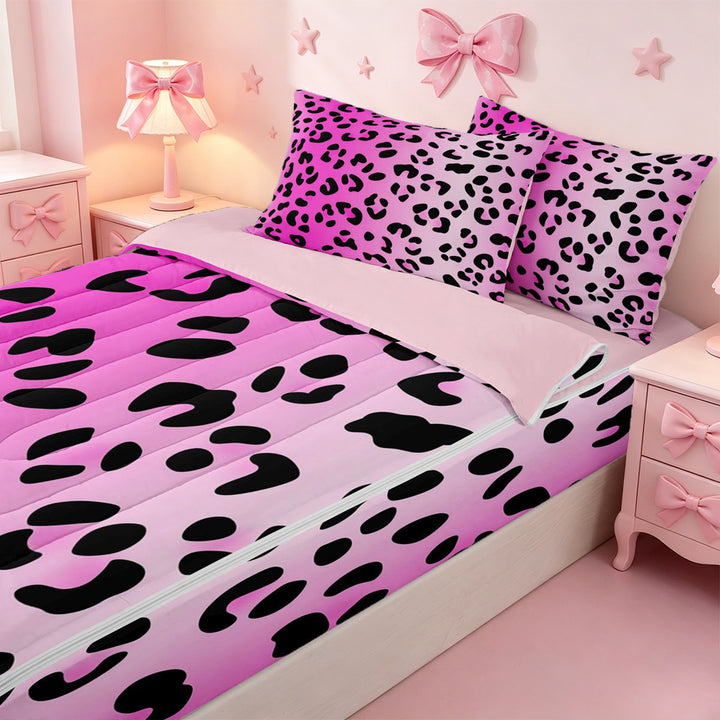 meiyoeat Pink Cheetah Print Zipper Full Size Comforter Sets with Fitted Sheet and 2 Pillowcases,Girly Animal Leopard Pattern Zipper Bedding Set For Girl,Reversible,4 Pieces