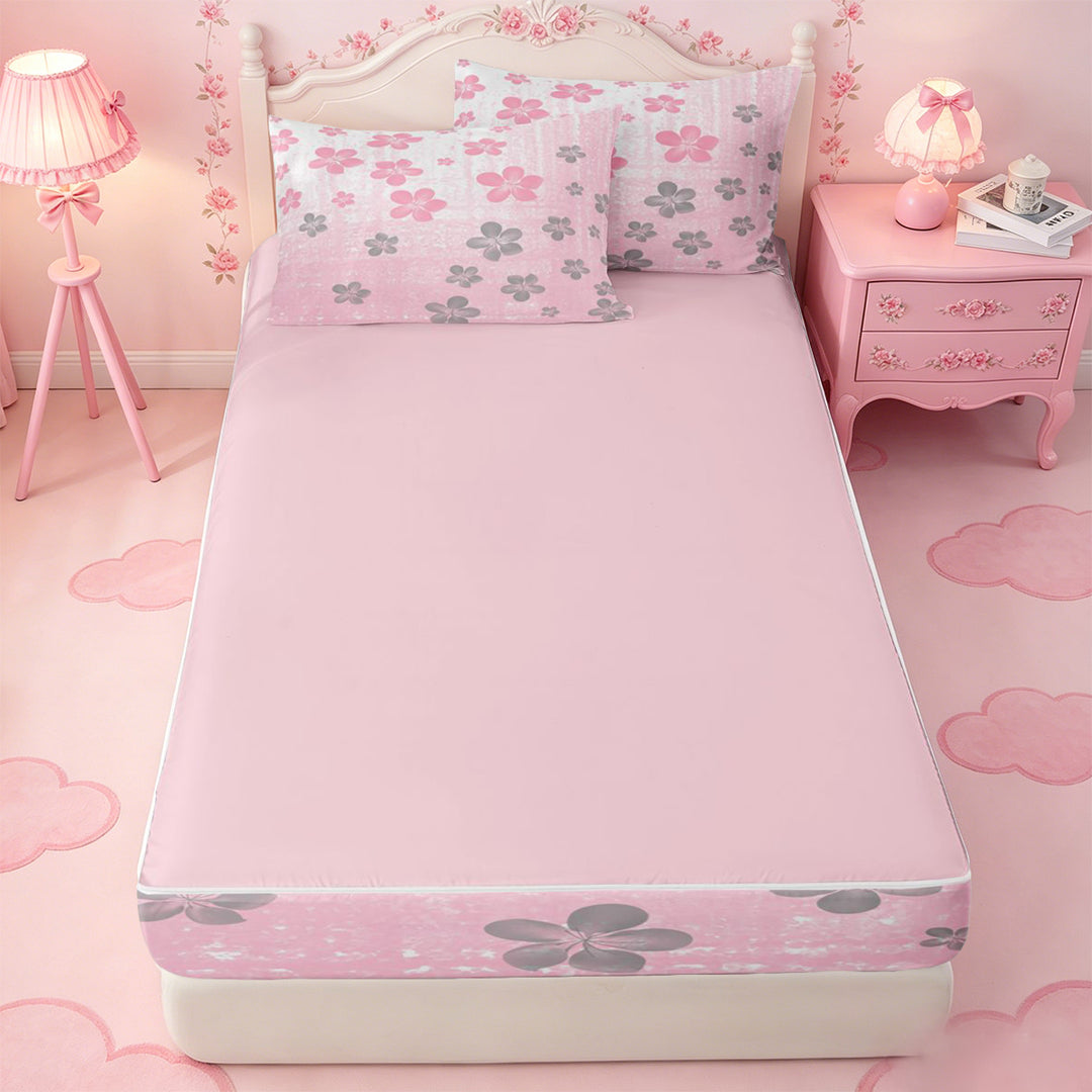 meiyoeat pink Kawaii Floral Zipper Full Size Comforter Sets with Fitted Sheet and 2 Pillowcases,Gray Cute Flowers Zipper Bedding Set,Reversible,4-Piece