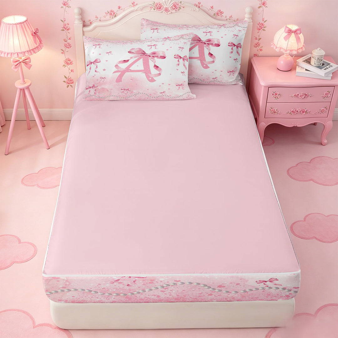 meiyoeat Pink Bow Monogram A Zipper Full Size Comforter Sets with Fitted Sheet and 2 Pillowcases,Cute Ribbon Bowknot Zipper Bedding Set For Girl,Pink Reversible,4 Pieces