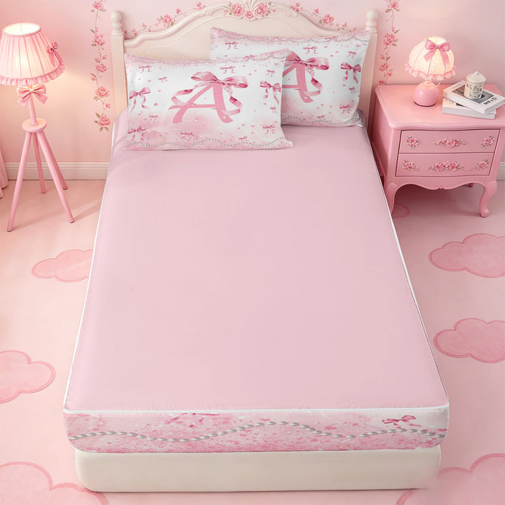 meiyoeat Pink Bow Monogram A Zipper Full Size Comforter Sets with Fitted Sheet and 2 Pillowcases,Cute Ribbon Bowknot Zipper Bedding Set For Girl,Pink Reversible,4 Pieces