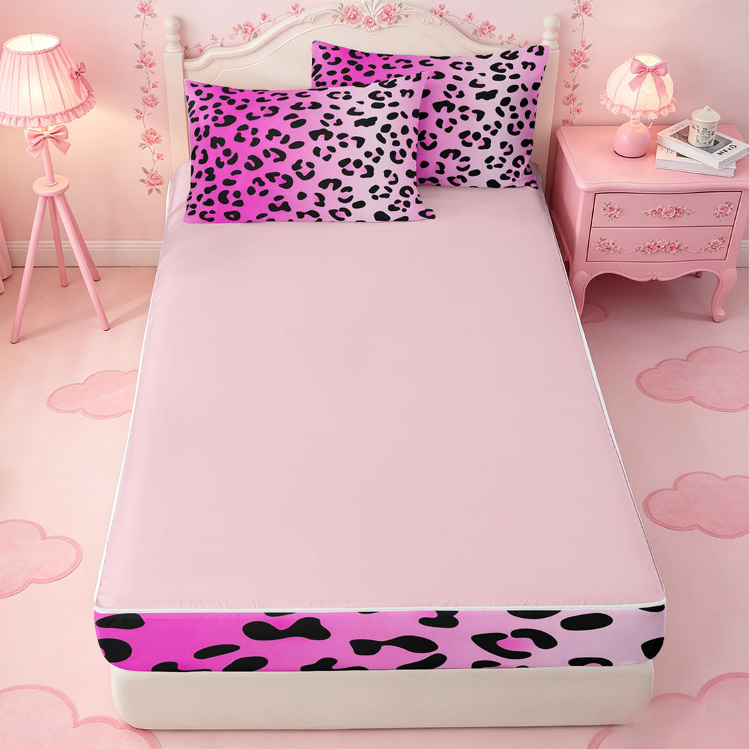 meiyoeat Pink Cheetah Print Zipper Full Size Comforter Sets with Fitted Sheet and 2 Pillowcases,Girly Animal Leopard Pattern Zipper Bedding Set For Girl,Reversible,4 Pieces