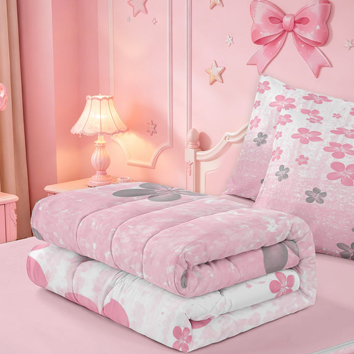 meiyoeat pink Kawaii Floral Zipper Full Size Comforter Sets with Fitted Sheet and 2 Pillowcases,Gray Cute Flowers Zipper Bedding Set,Reversible,4-Piece