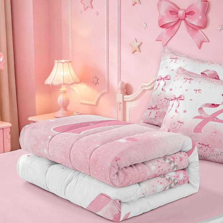 meiyoeat Pink Bow Monogram A Zipper Full Size Comforter Sets with Fitted Sheet and 2 Pillowcases,Cute Ribbon Bowknot Zipper Bedding Set For Girl,Pink Reversible,4 Pieces