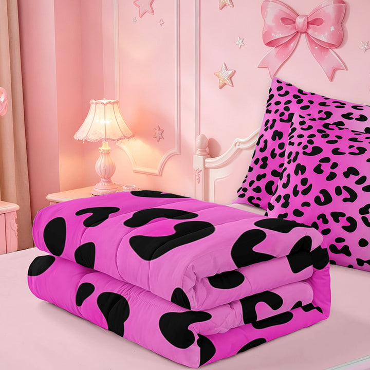 meiyoeat Pink Cheetah Print Zipper Full Size Comforter Sets with Fitted Sheet and 2 Pillowcases,Girly Animal Leopard Pattern Zipper Bedding Set For Girl,Reversible,4 Pieces