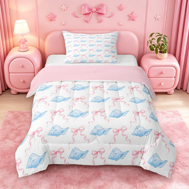 meiyoeat cute Seashell Bow Full Size Comforter Sets,Watercolor Coastal Style Bedding Comforter Set,Pink Reversible,3pcs,1 Comforter and 2 Pillowcases