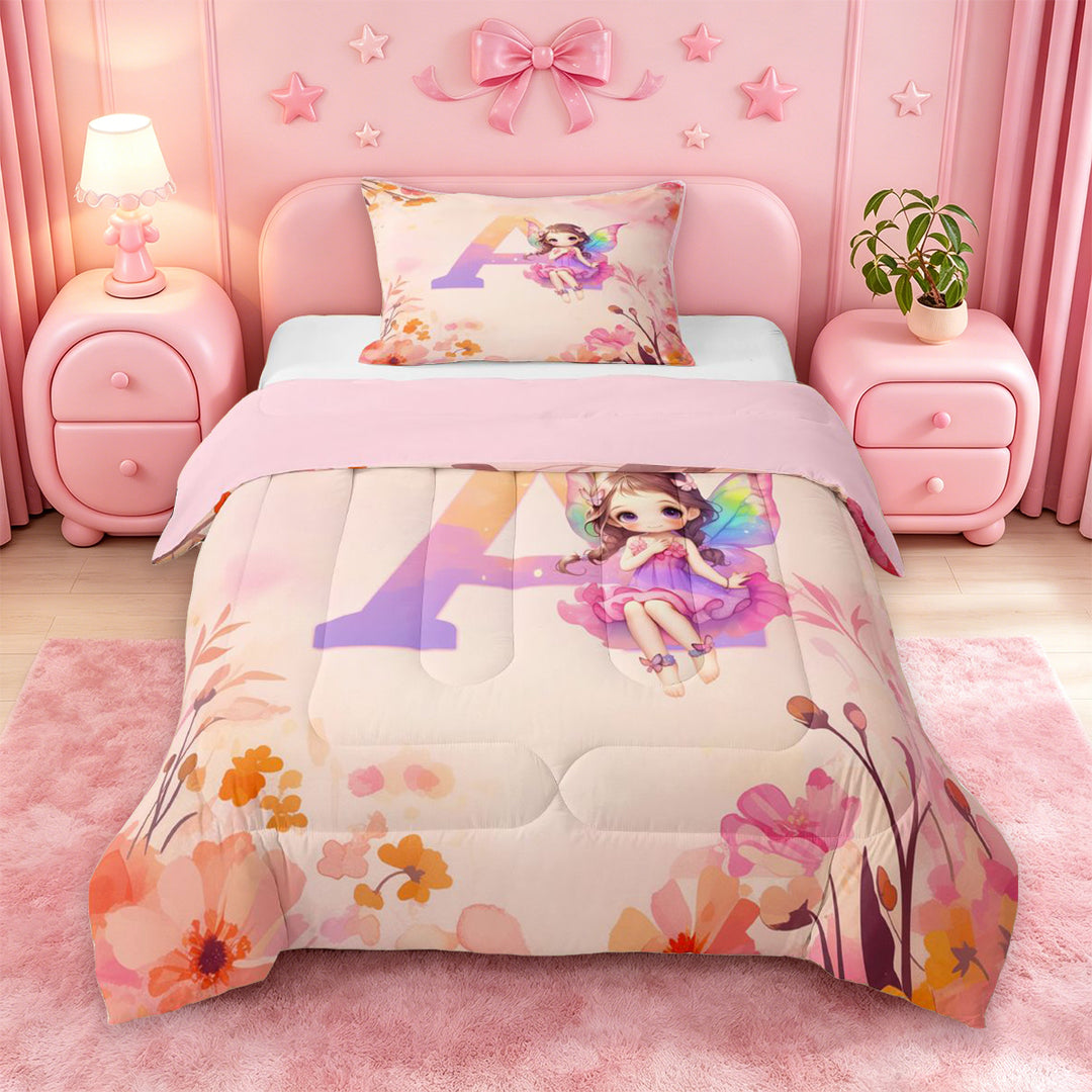 meiyoeat Rustic Flower Monogrammed A Full Size Comforter Sets,Kawaii Girls Bedding Comforter Set For Girl,Pink Reversible,3-Piece,1 Comforter and 2 Pillowcases
