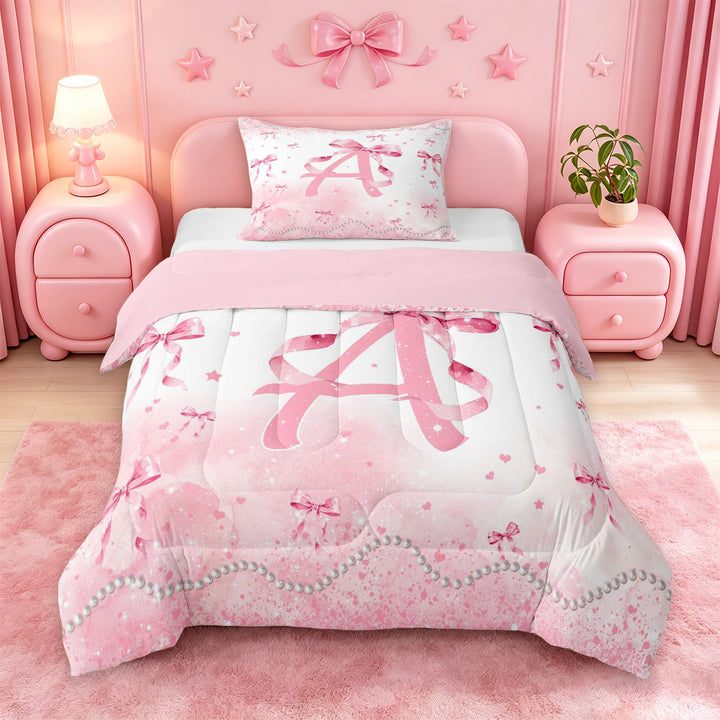 meiyoeat Pink Bow Monogram A Full Size Comforter Sets,Cute Ribbon Bowknot Bedding Comforter Set For Girl,Pink Reversible,3-Piece,1 Comforter and 2 Pillowcases
