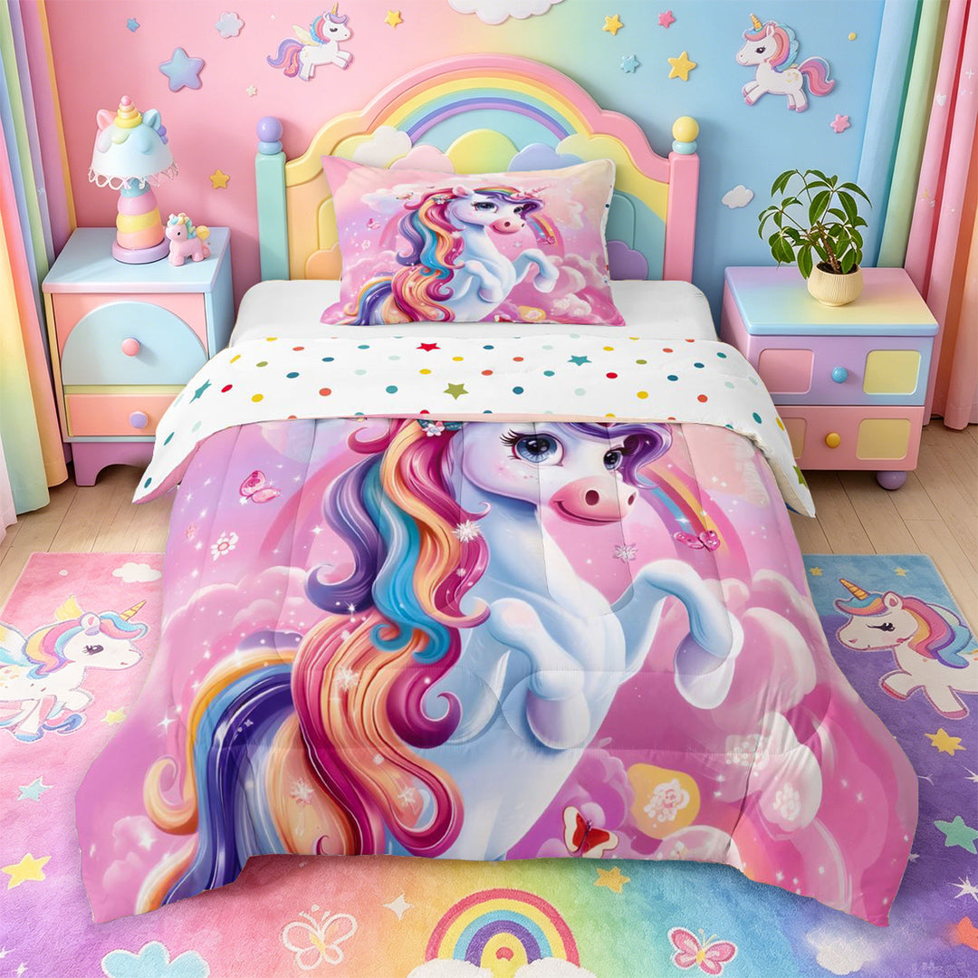 meiyoeat Colorful Magical Unicorn Full Size Comforter Sets For Kids,Cute Animals Bedding Comforter Set For Girls,Colorful Stars Reversible,3-Piece