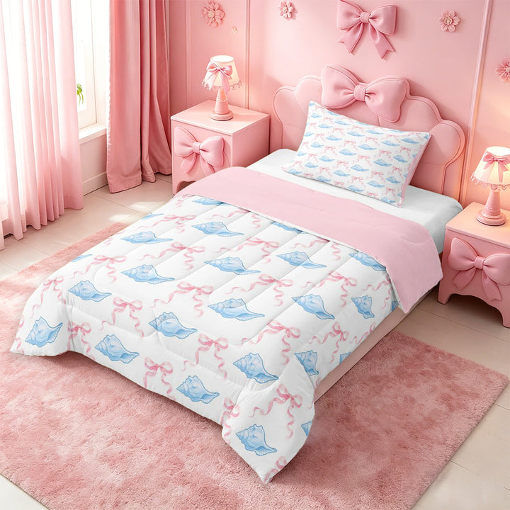 meiyoeat cute Seashell Bow Full Size Comforter Sets,Watercolor Coastal Style Bedding Comforter Set,Pink Reversible,3pcs,1 Comforter and 2 Pillowcases