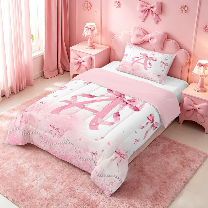 meiyoeat Pink Bow Monogram A Full Size Comforter Sets,Cute Ribbon Bowknot Bedding Comforter Set For Girl,Pink Reversible,3-Piece,1 Comforter and 2 Pillowcases
