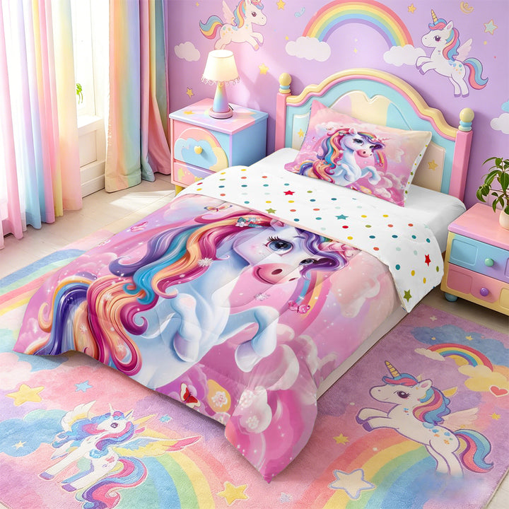 meiyoeat Colorful Magical Unicorn Full Size Comforter Sets For Kids,Cute Animals Bedding Comforter Set For Girls,Colorful Stars Reversible,3-Piece