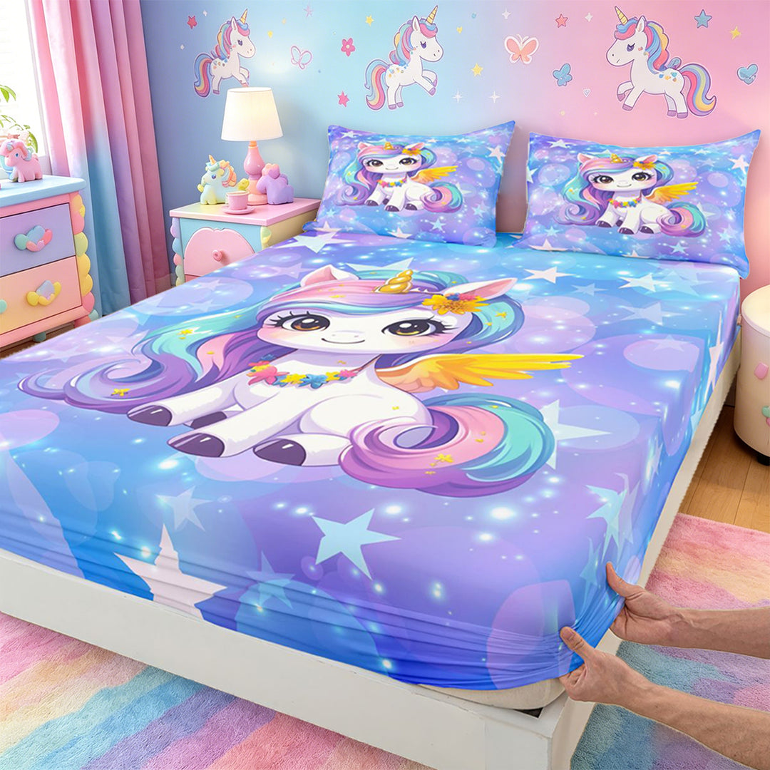 meiyoeat Kawaii Rainbow Unicorn Bed Sheets For Girls,Colorful Cute Stars Print Full Size Sheets For Kids,4-Piece