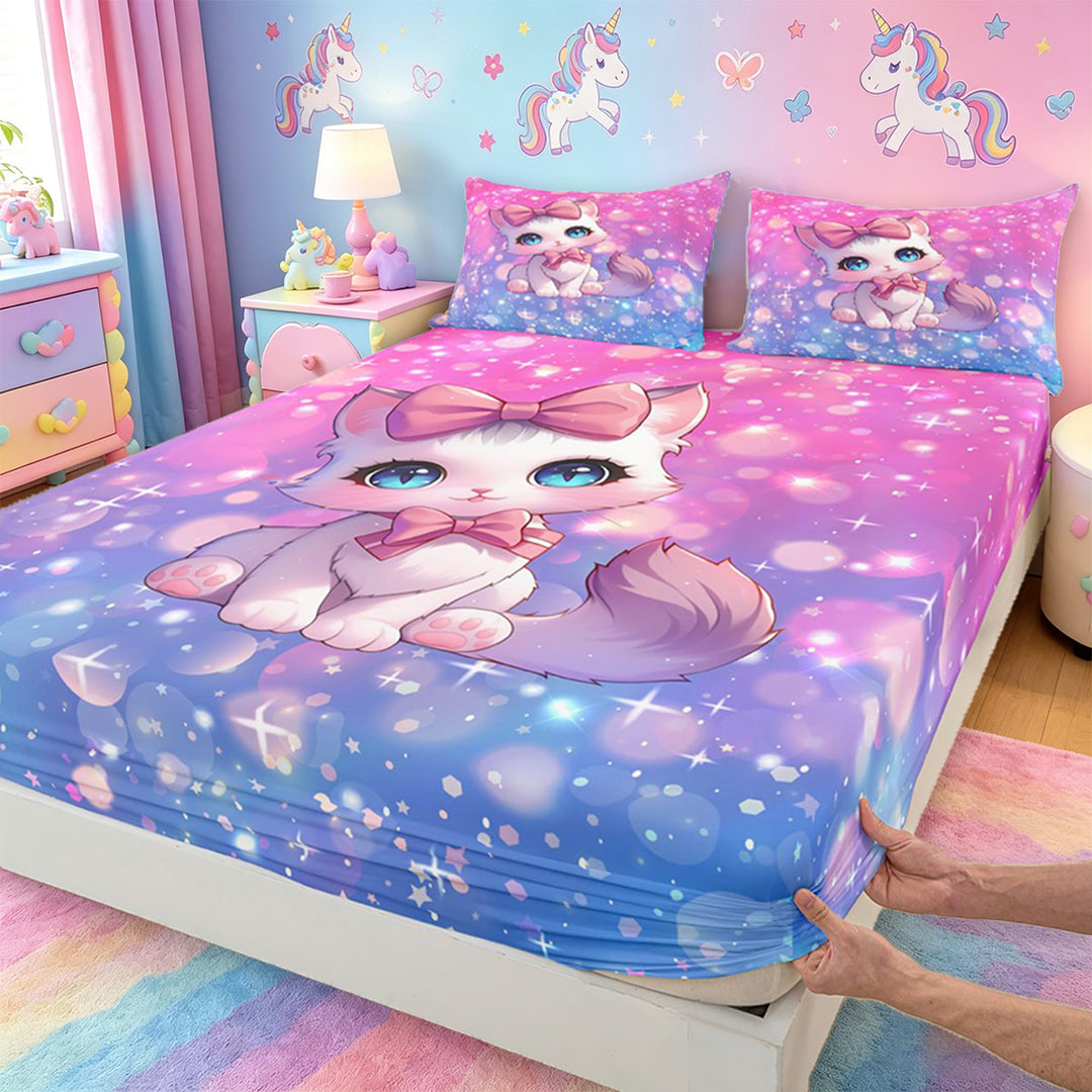 meiyoeat Cartoon Cute Kitten Bed Sheets For Girls,Pink Bow-tie Cat Full Size Sheets For Kids,4 Pieces