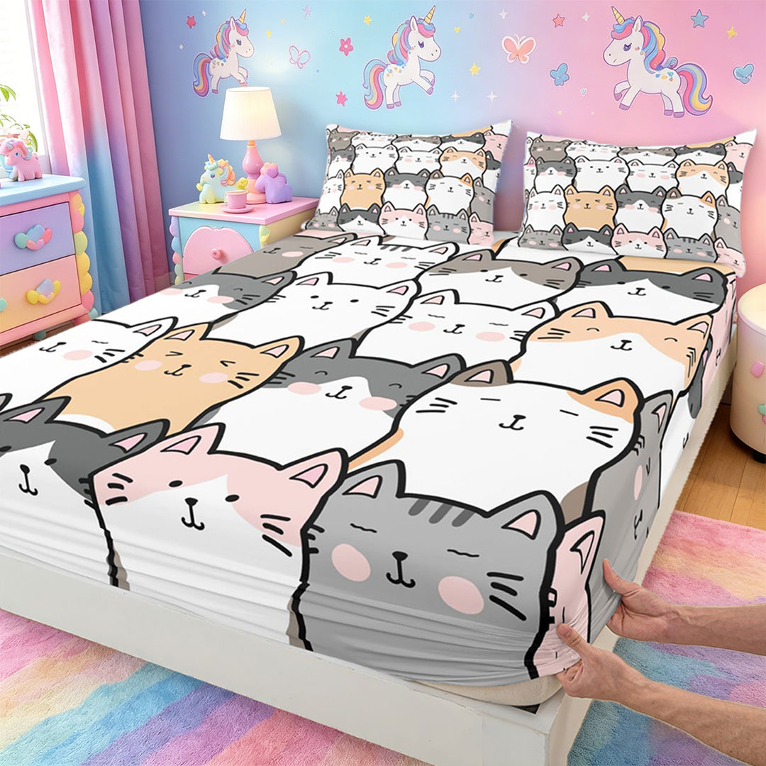 meiyoeat Cartoon Cute Cats Bed Sheets For Kids,Colorful Kawaii Kitten Print Full Size Sheets For Girls,4pcs