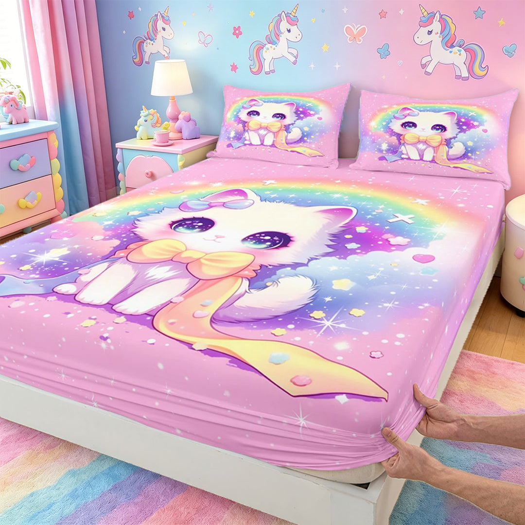 meiyoeat 3D Kawaii Cat Bed Sheets For Girls,Rainbow Sparkling Print Full Size Sheets For Kids,4pcs