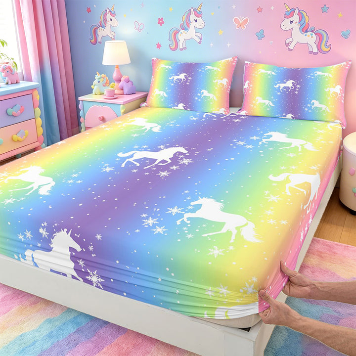 meiyoeat Magic Unicorn Silhouette Bed Sheets For Kids,Multicolor Gradient Lines Art Full Size Sheets For Girls,4-Piece