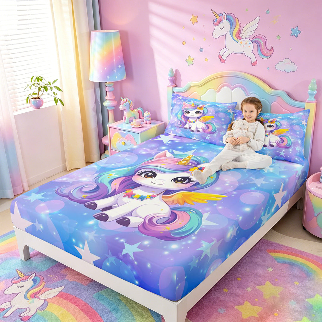 meiyoeat Kawaii Rainbow Unicorn Bed Sheets For Girls,Colorful Cute Stars Print Full Size Sheets For Kids,4-Piece
