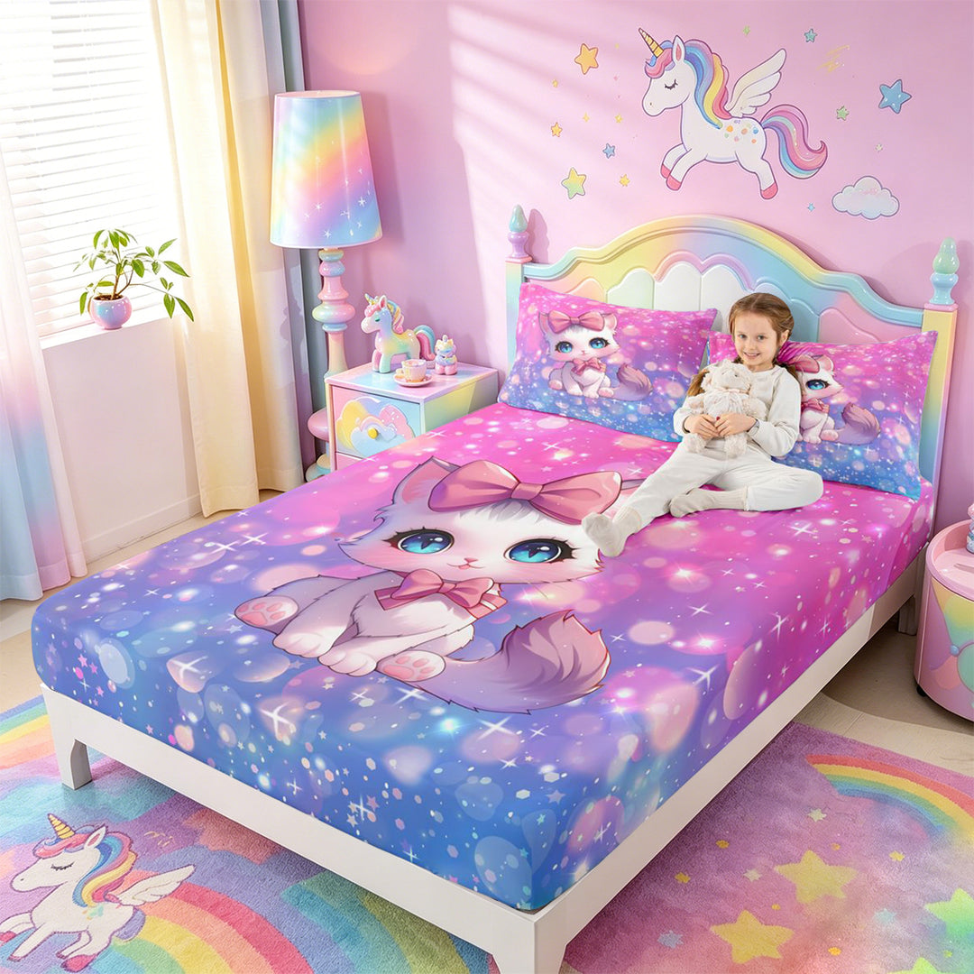 meiyoeat Cartoon Cute Kitten Bed Sheets For Girls,Pink Bow-tie Cat Full Size Sheets For Kids,4 Pieces