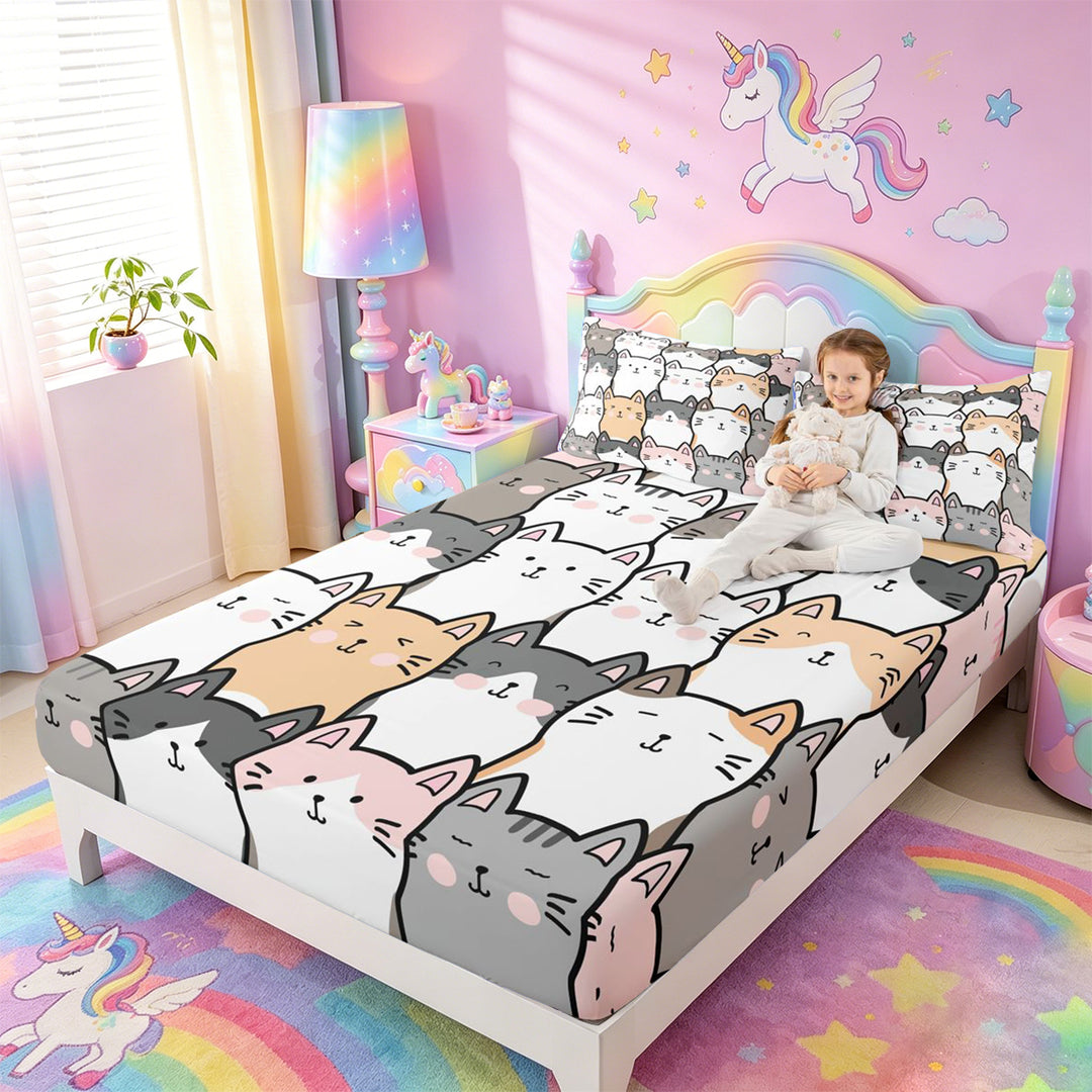 meiyoeat Cartoon Cute Cats Bed Sheets For Kids,Colorful Kawaii Kitten Print Full Size Sheets For Girls,4pcs