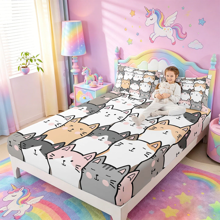meiyoeat Cartoon Cute Cats Bed Sheets For Kids,Colorful Kawaii Kitten Print Full Size Sheets For Girls,4pcs
