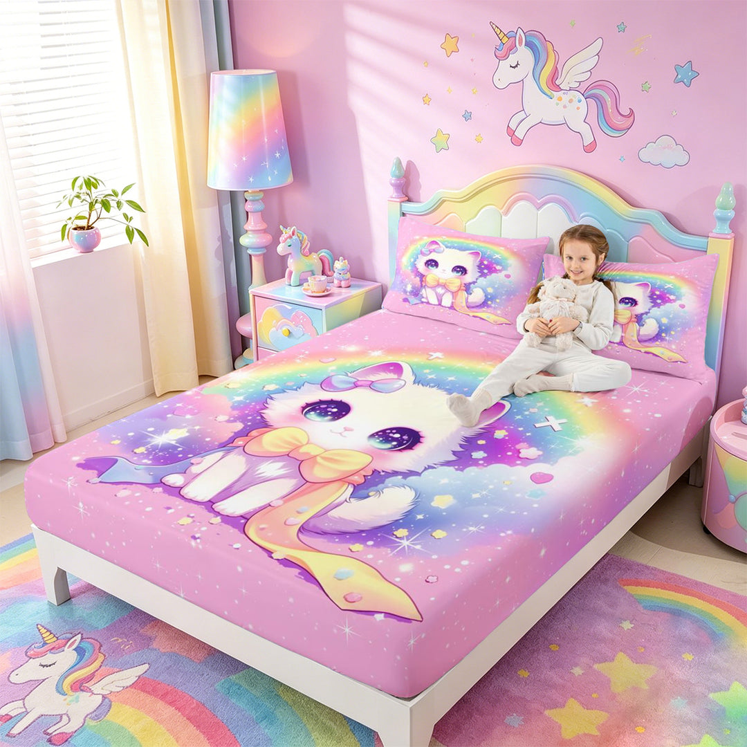 meiyoeat 3D Kawaii Cat Bed Sheets For Girls,Rainbow Sparkling Print Full Size Sheets For Kids,4pcs