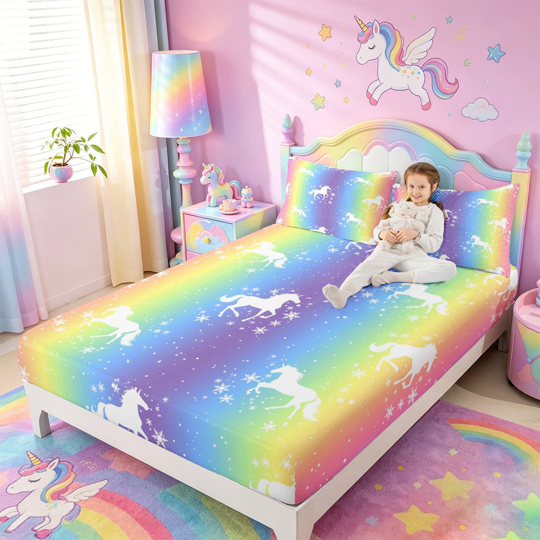 meiyoeat Magic Unicorn Silhouette Bed Sheets For Kids,Multicolor Gradient Lines Art Full Size Sheets For Girls,4-Piece