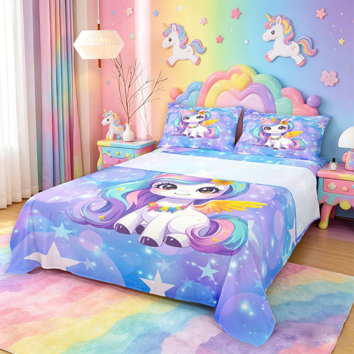 meiyoeat Kawaii Rainbow Unicorn Bed Sheets For Girls,Colorful Cute Stars Print Full Size Sheets For Kids,4-Piece