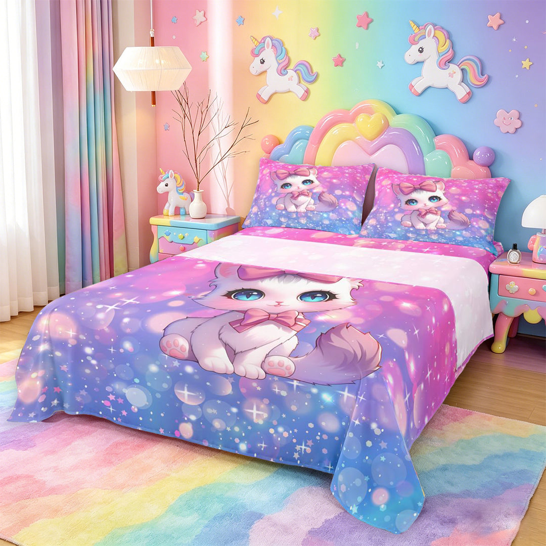 meiyoeat Cartoon Cute Kitten Bed Sheets For Girls,Pink Bow-tie Cat Full Size Sheets For Kids,4 Pieces