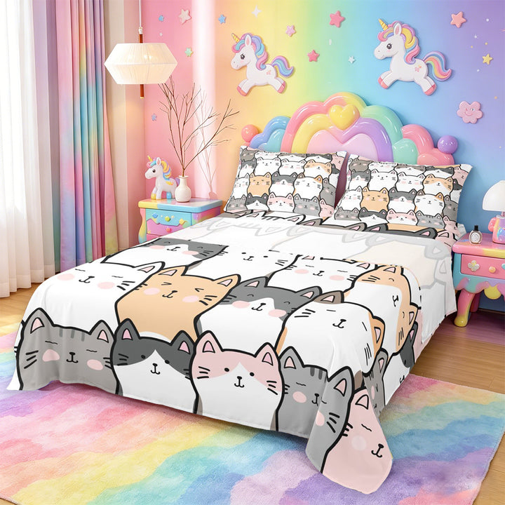 meiyoeat Cartoon Cute Cats Bed Sheets For Kids,Colorful Kawaii Kitten Print Full Size Sheets For Girls,4pcs