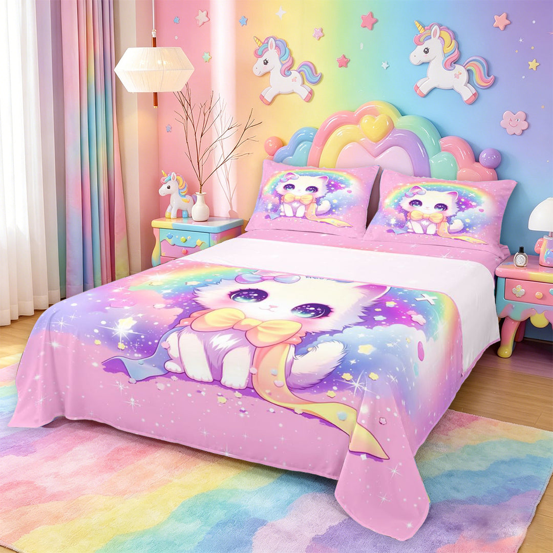 meiyoeat 3D Kawaii Cat Bed Sheets For Girls,Rainbow Sparkling Print Full Size Sheets For Kids,4pcs