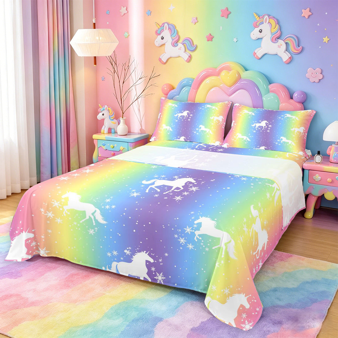 meiyoeat Magic Unicorn Silhouette Bed Sheets For Kids,Multicolor Gradient Lines Art Full Size Sheets For Girls,4-Piece