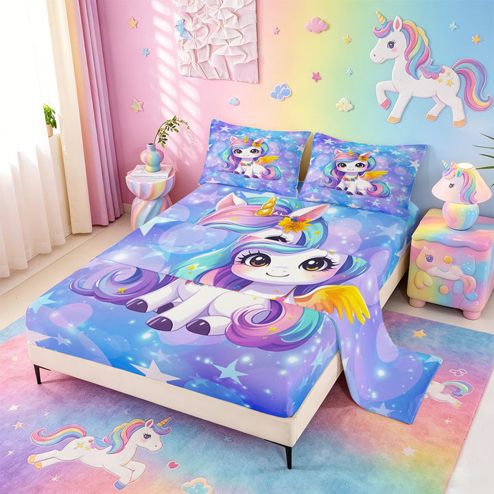 meiyoeat Kawaii Rainbow Unicorn Bed Sheets For Girls,Colorful Cute Stars Print Full Size Sheets For Kids,4-Piece